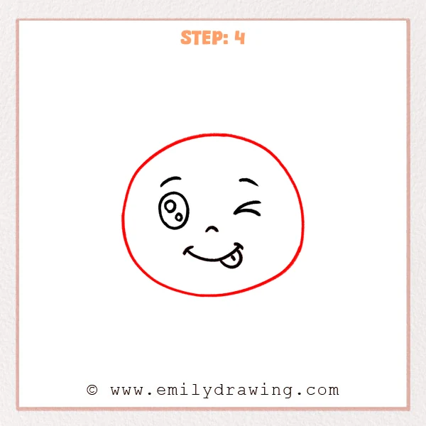 how to draw a winky face - A winky face drawing with completed facial features and a large round outer face outline added around them.